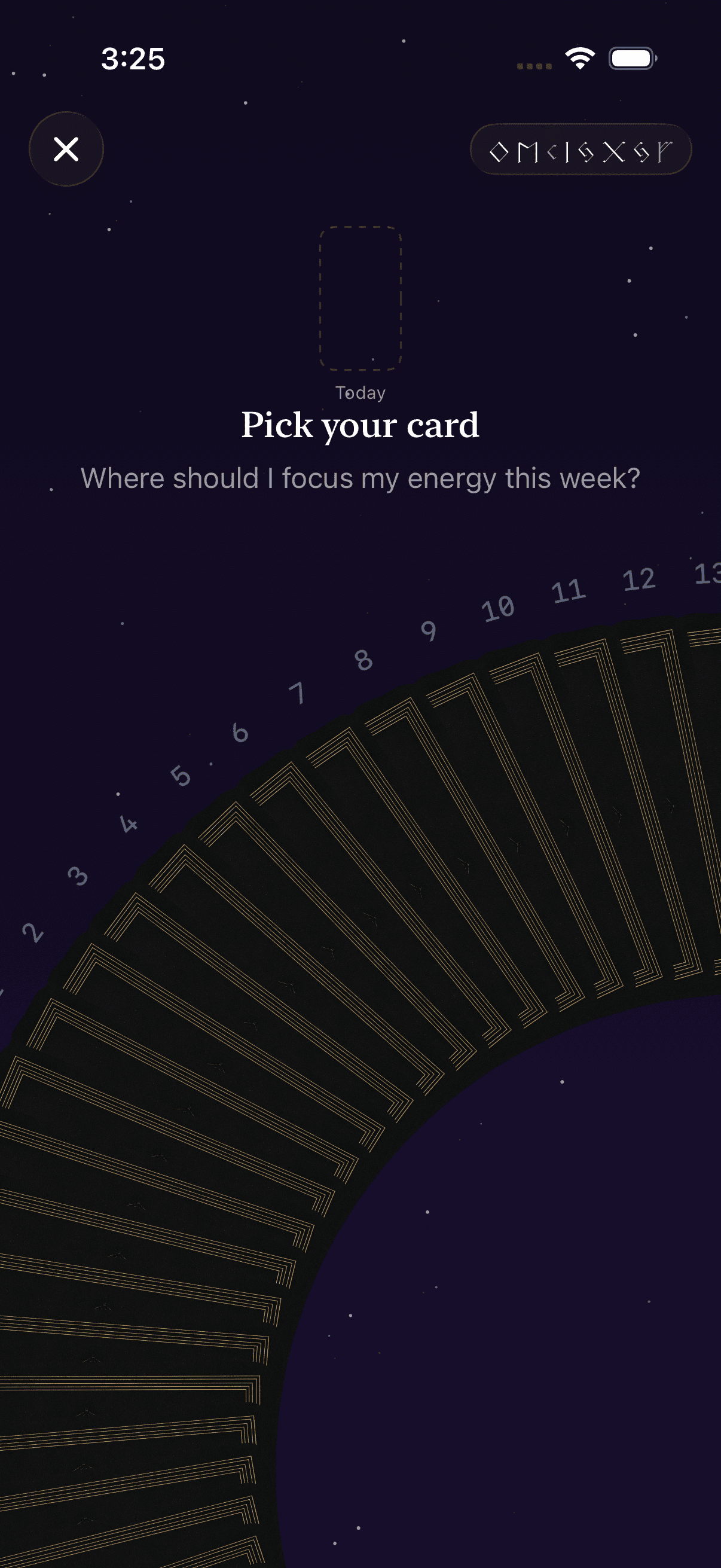 The card wheel — an arc of 78 card backs to choose from