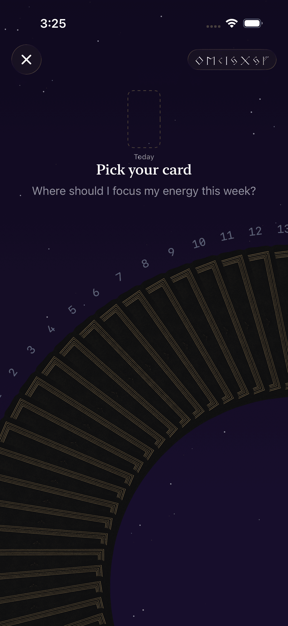The card wheel — an arc of 78 card backs to choose from