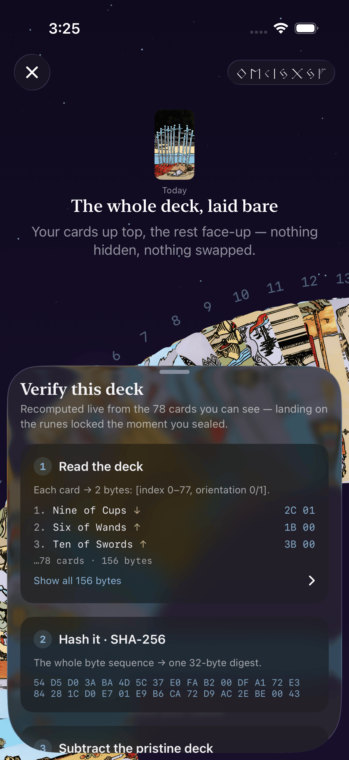 Verifying the deck — recomputing the fingerprint from all 78 revealed cards