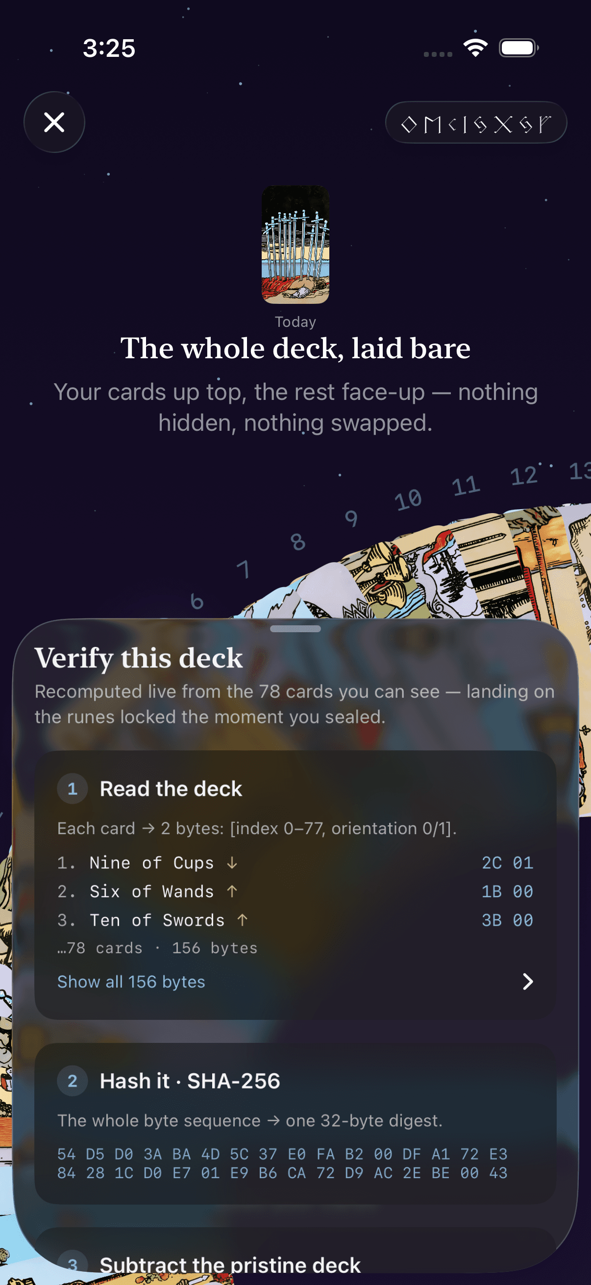 Verifying the deck — recomputing the fingerprint from all 78 revealed cards